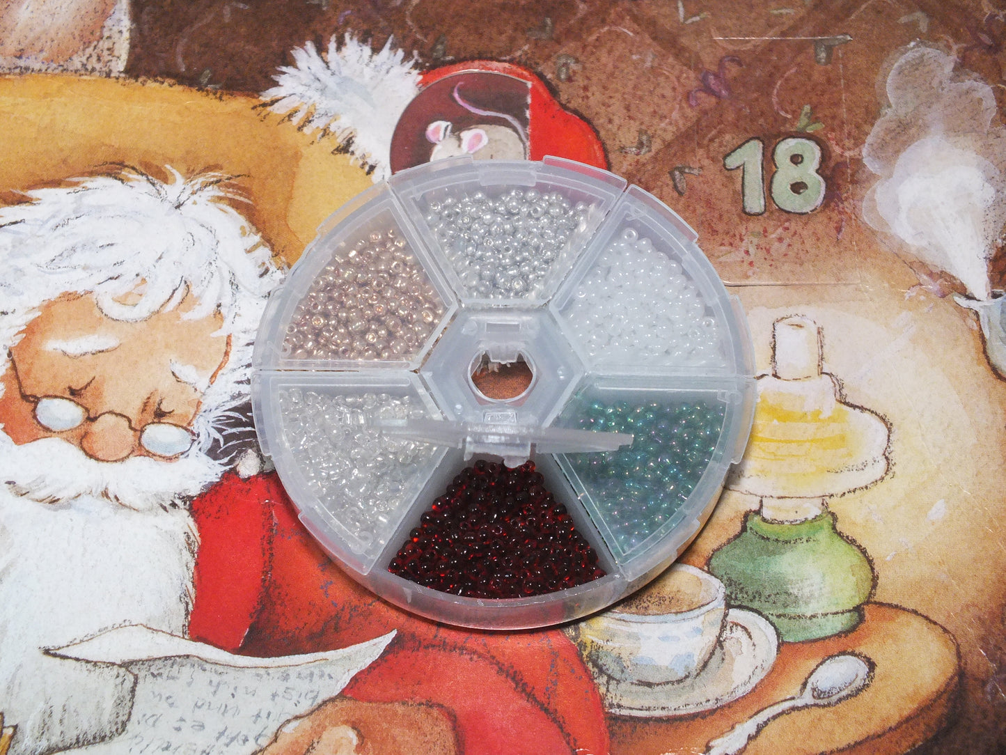 Festive 2mm seed bead selection box - berry red, snow white, green, clear, silver, gold