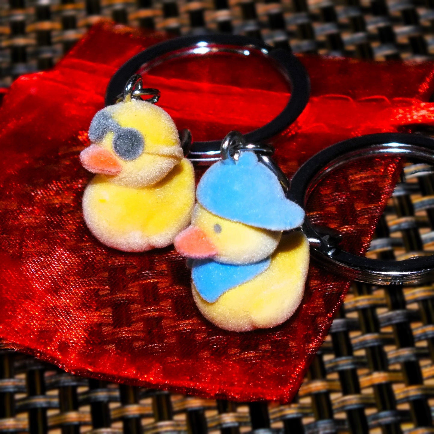 Pair of beautiful fuzzy flocked duck charms on large keyrings