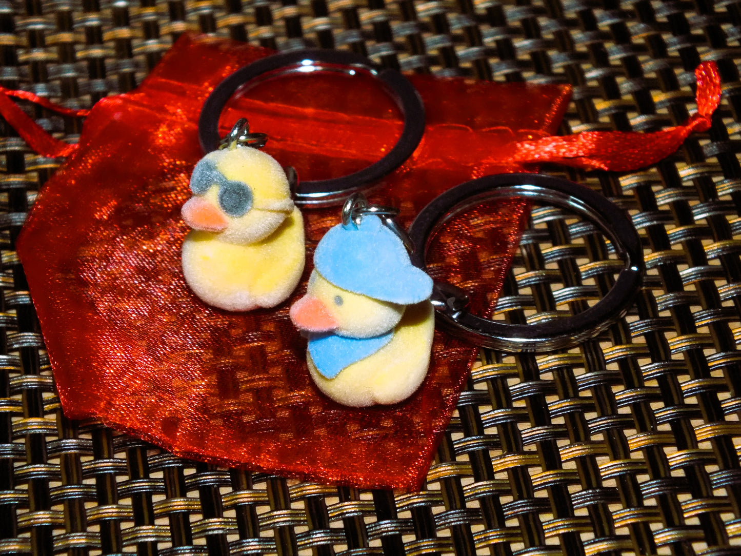 Pair of beautiful fuzzy flocked duck charms on large keyrings