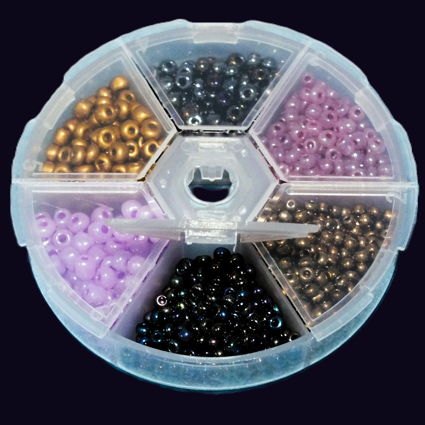 Cyberpunk seed bead selection box - 3mm, 4-5mm black iris, purple, gold mix