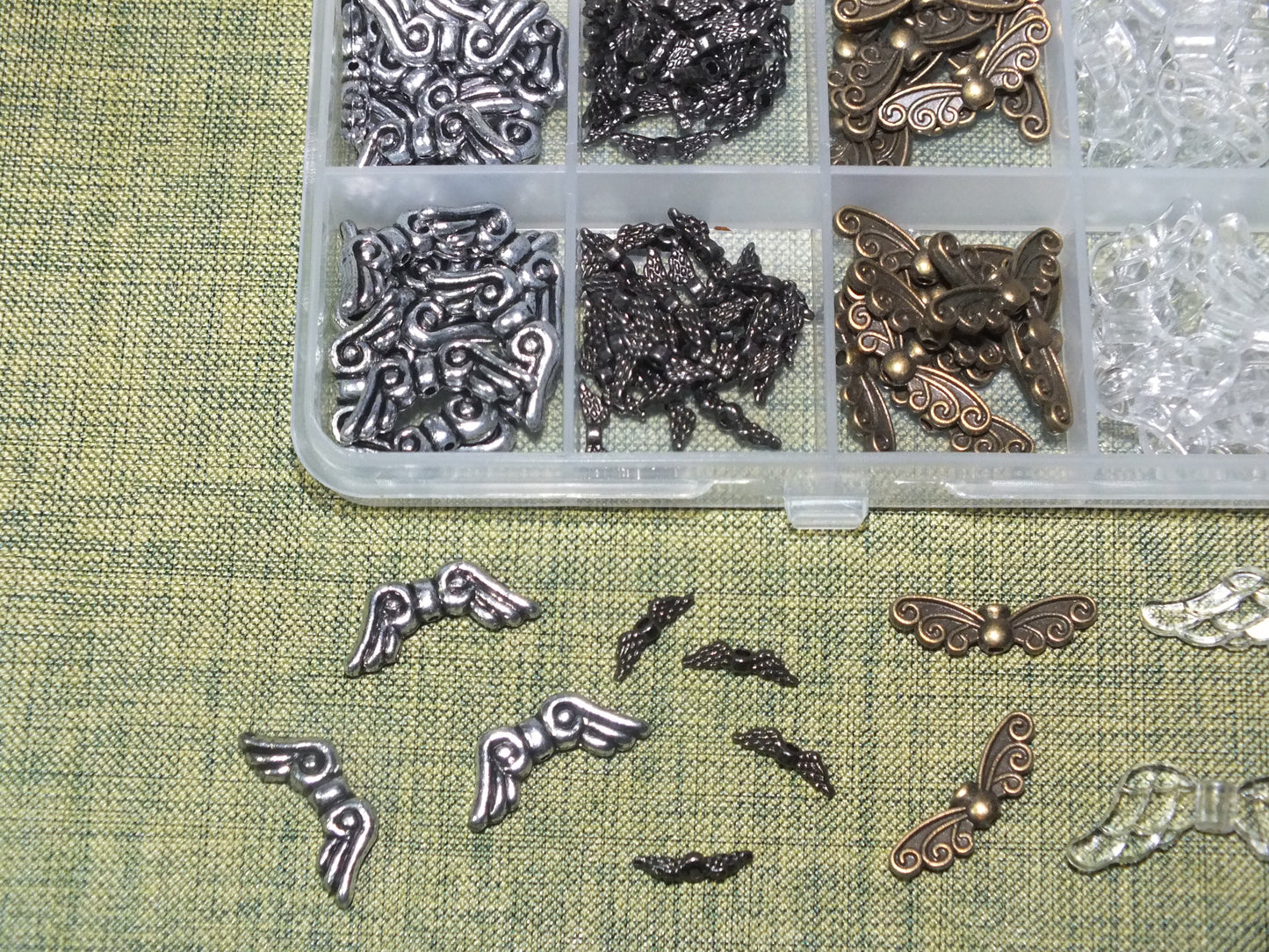 110pcs Angel wings spacer beads box - assorted sizes, styles & materials
