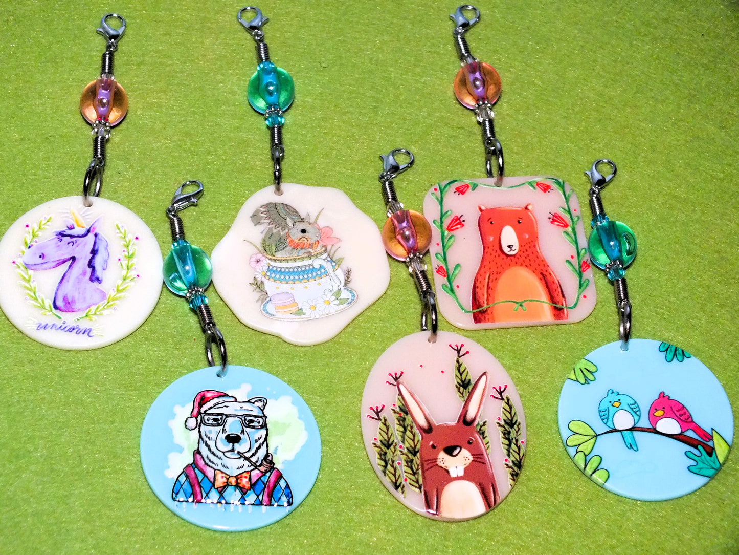 Set of 6 chunky animal dangle charm pendants, ideal for bags, keys, phones