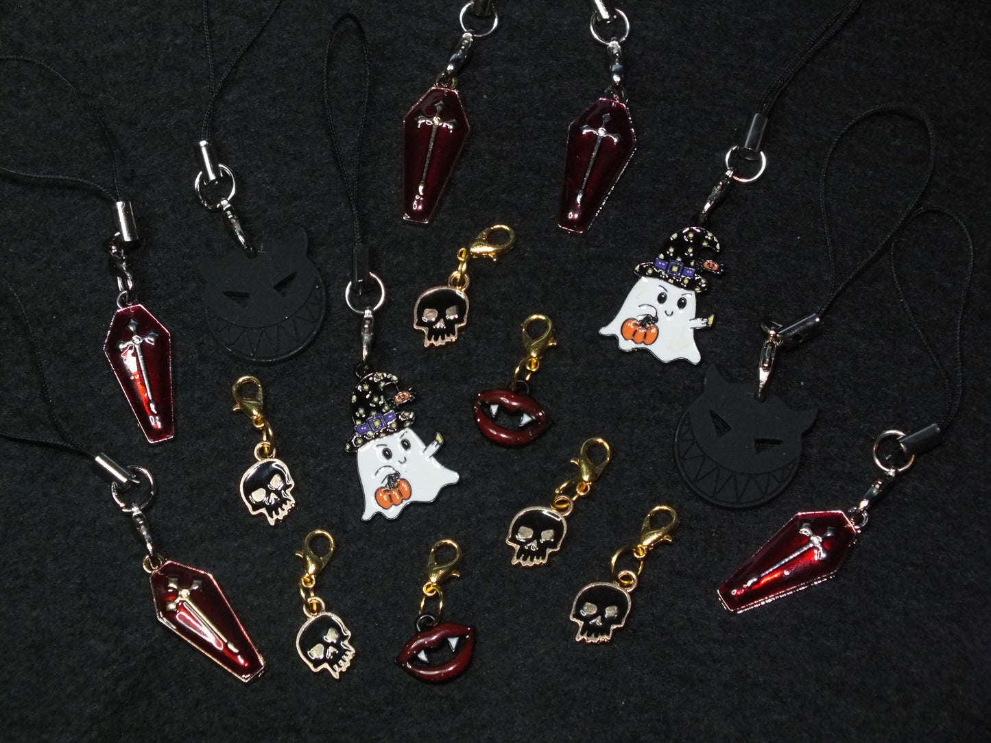 16pcs handmade Halloween dangle phone, bag or key charms on lanyards / clasps, Trick or Treat gift pack