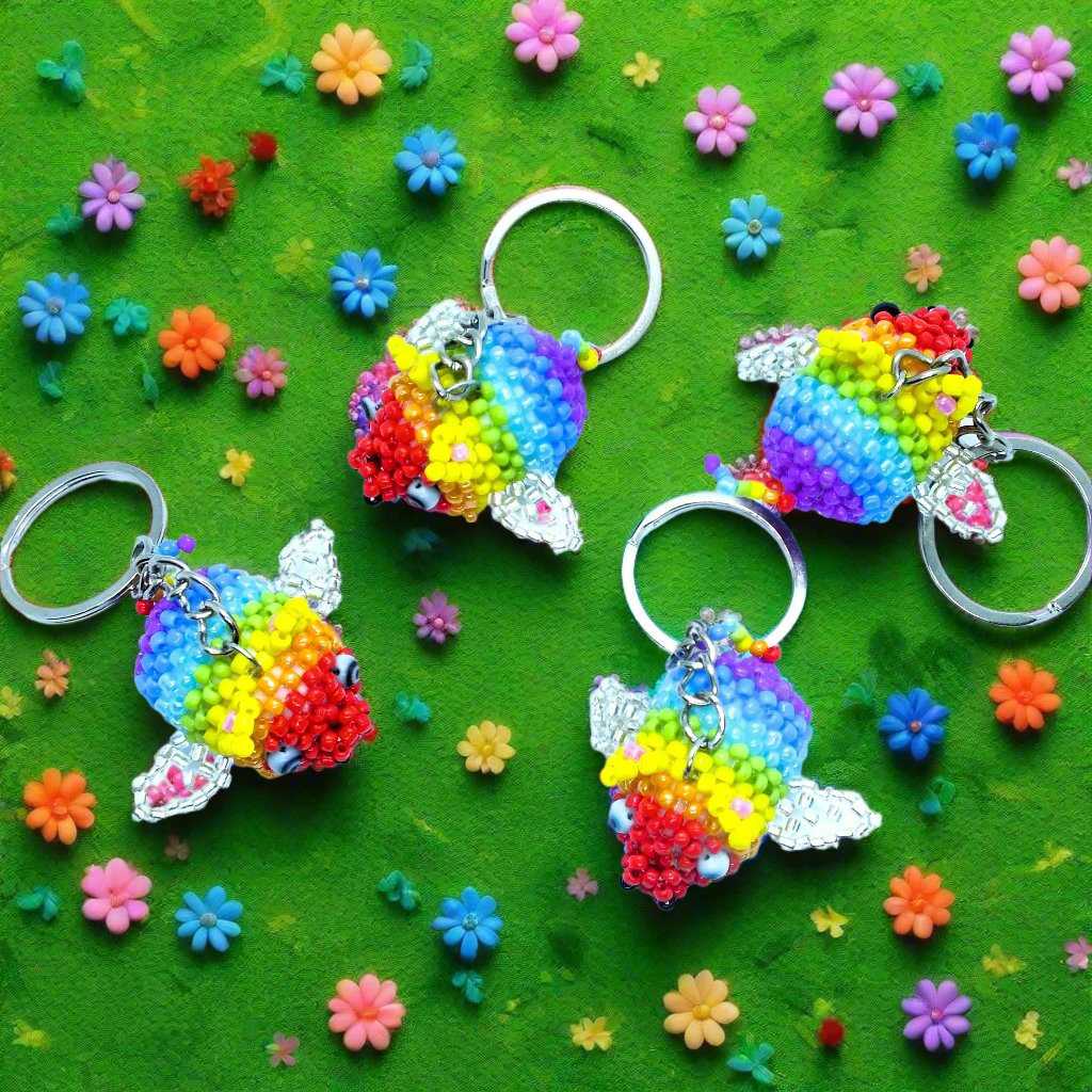 Flying Pride piggies - handmade rainbow beaded pigs (squishy!) on a keyring!