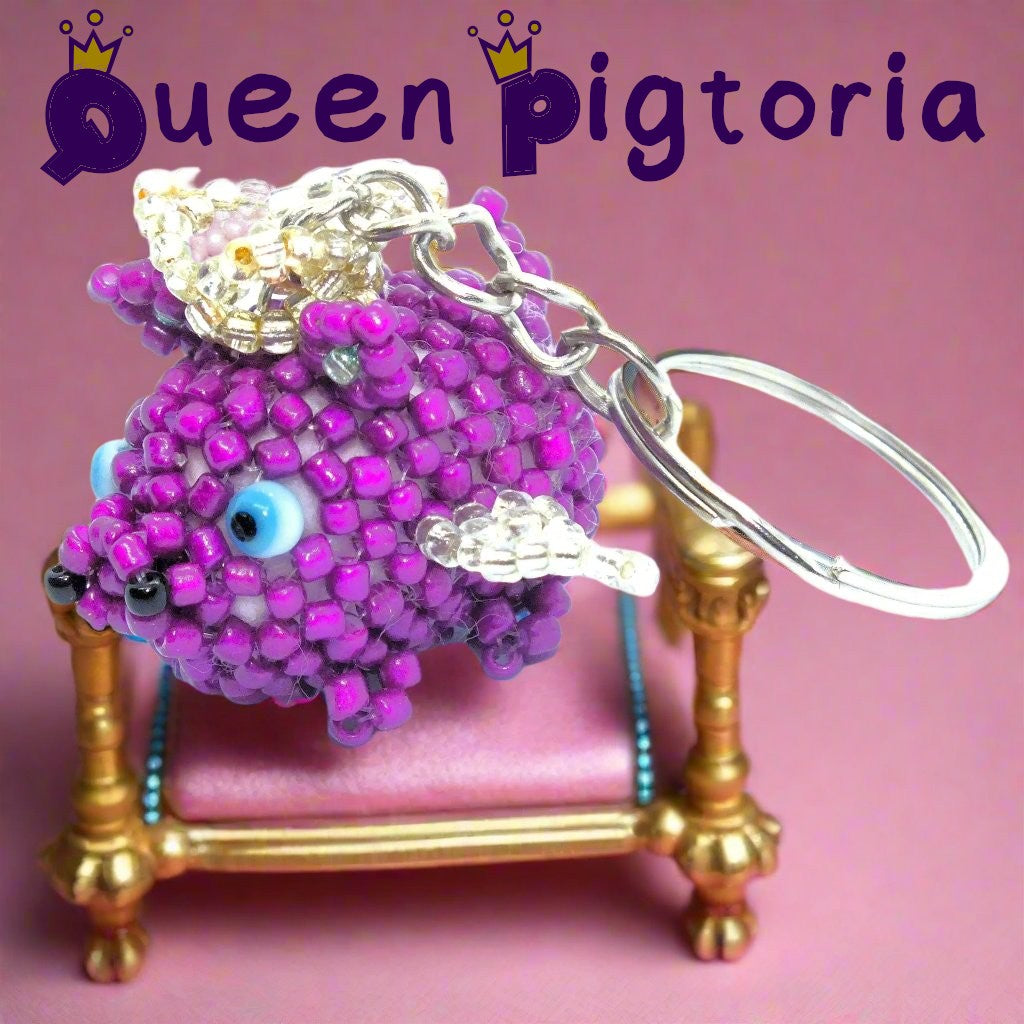 Queen Pigtoria & the Royal Hamily - handmade beaded flying piggies (squishy!) on keyring / lanyard! Very limited edition bag charms.