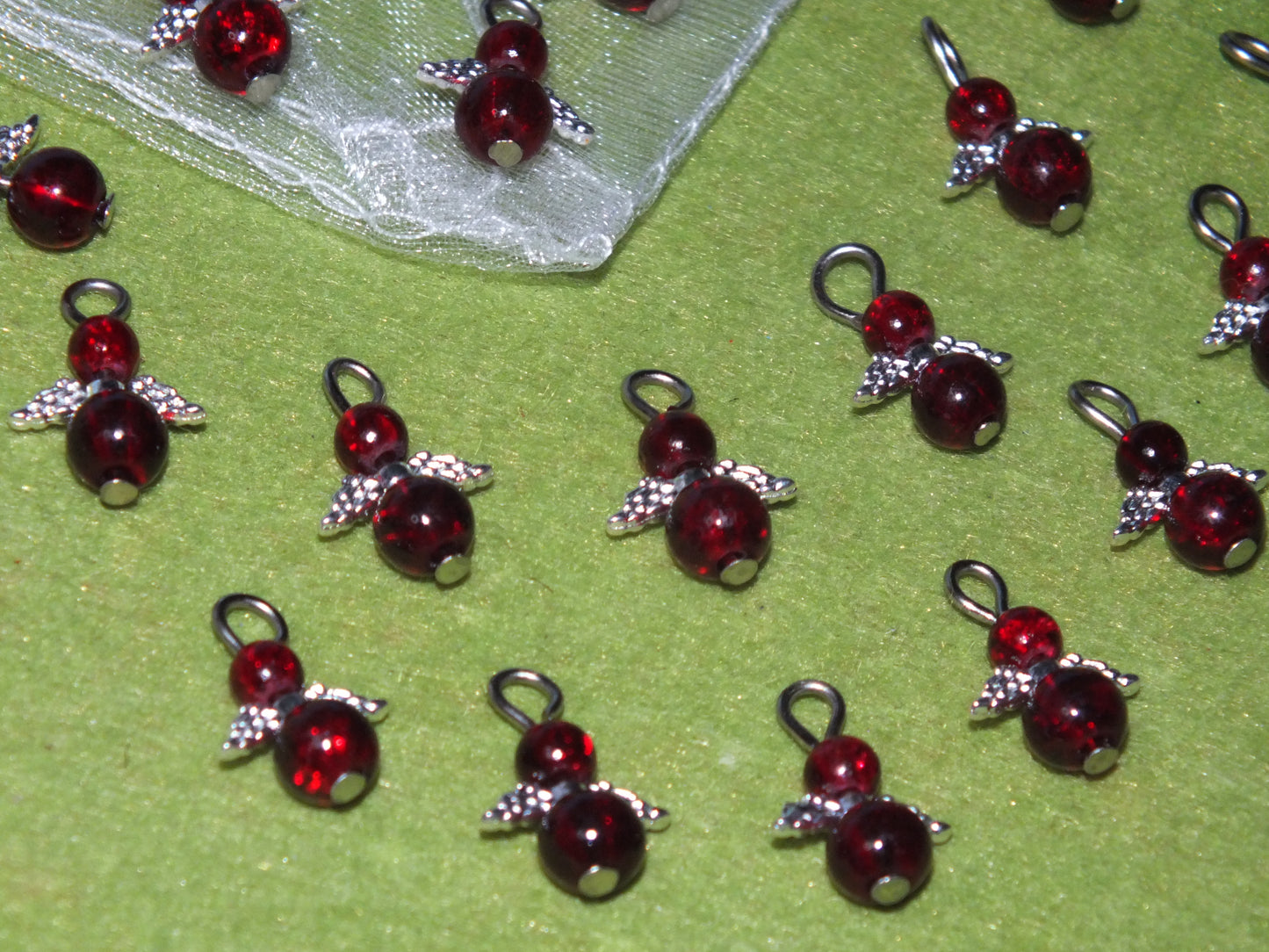 Blood red ice glass angel charms (24-100pcs, plain, on clasps or lanyards)