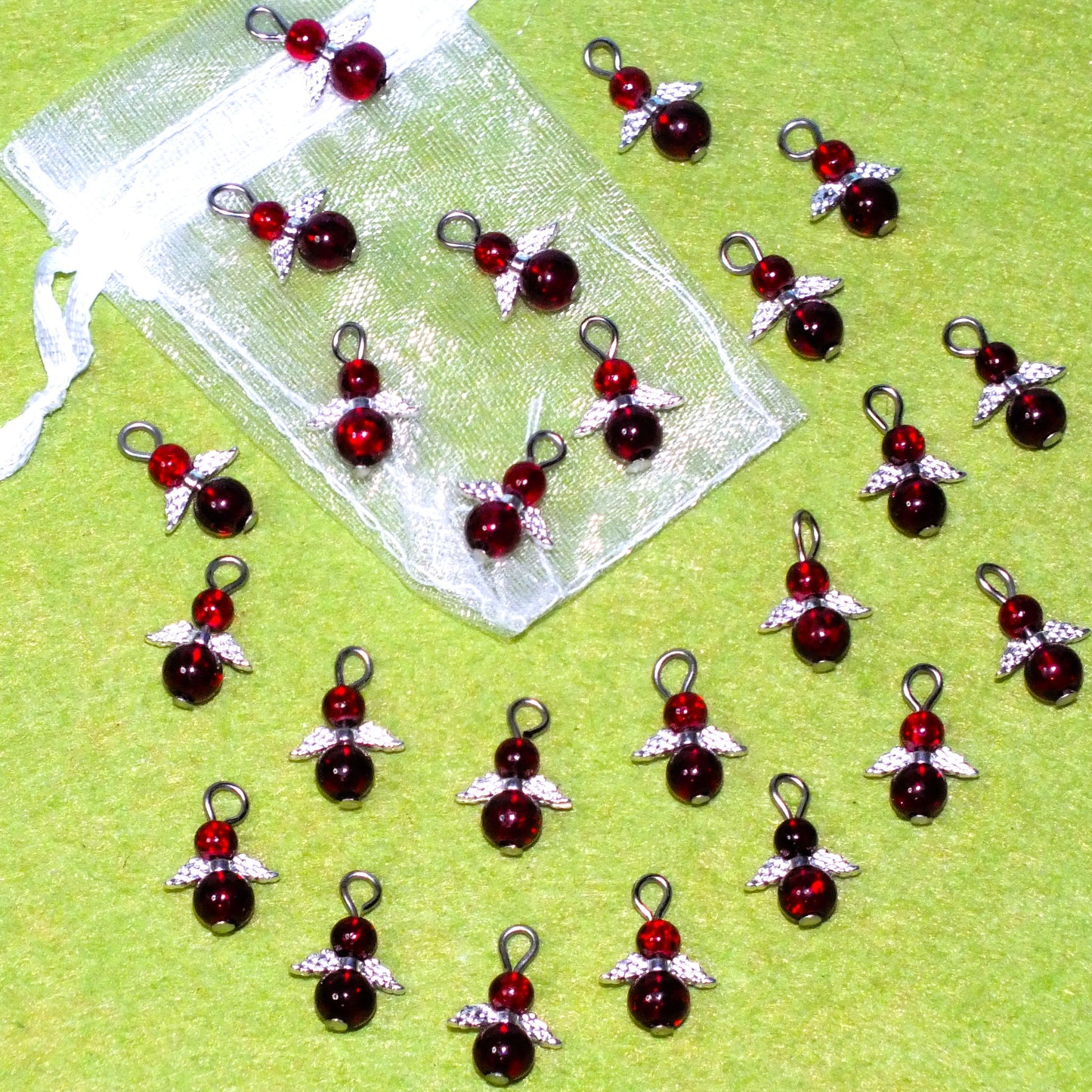 Blood red ice glass angel charms (24-100pcs, plain, on clasps or lanyards)