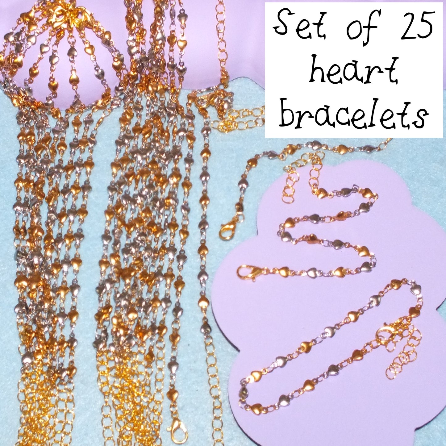 25 handmade HEARTS theme gold + silver tone bracelets