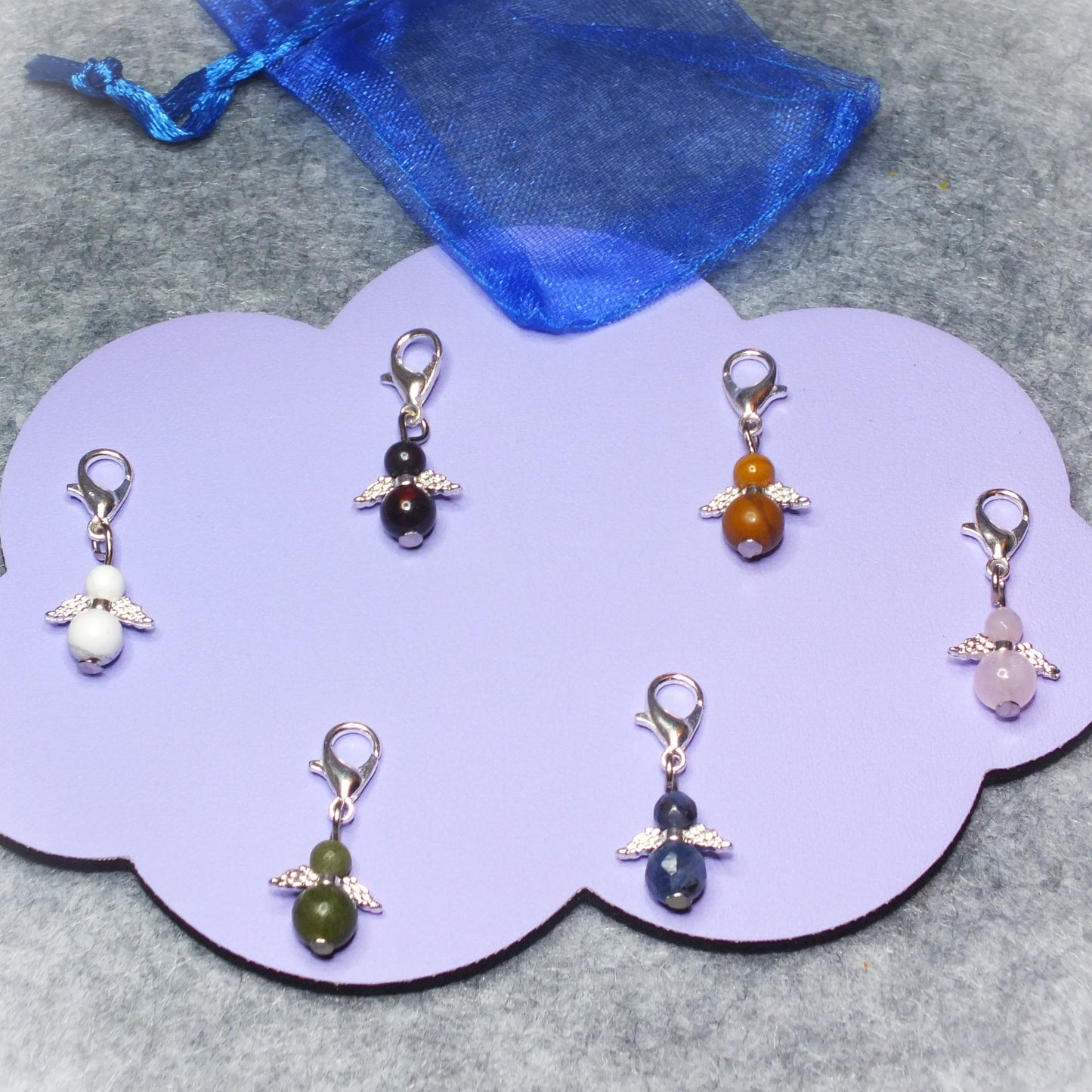 Handmade natural gemstone Guardian Angel charms on clasps - Sodalite, Rose Quartz, Howlite, Bloodstone, Wood Lace Stone, Chinese Jade