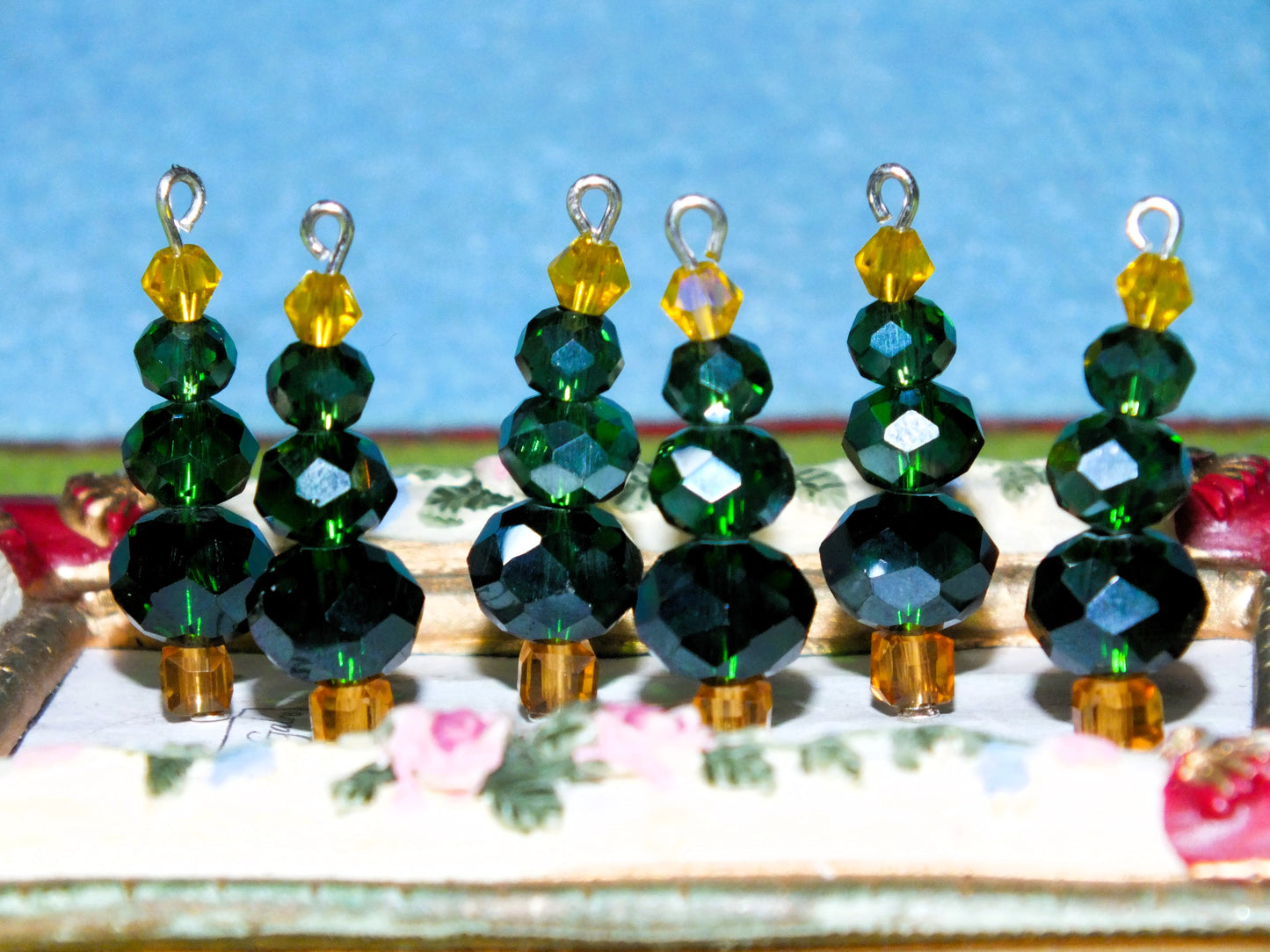 6pcs Handmade Christmas Tree Charms, Faceted Glass