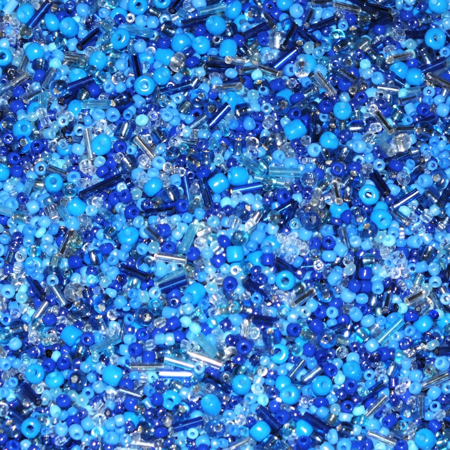 50g - 1kg Seed & bugle mixes - Ocean mix, 1mm~7mm glass beads - blue, clear