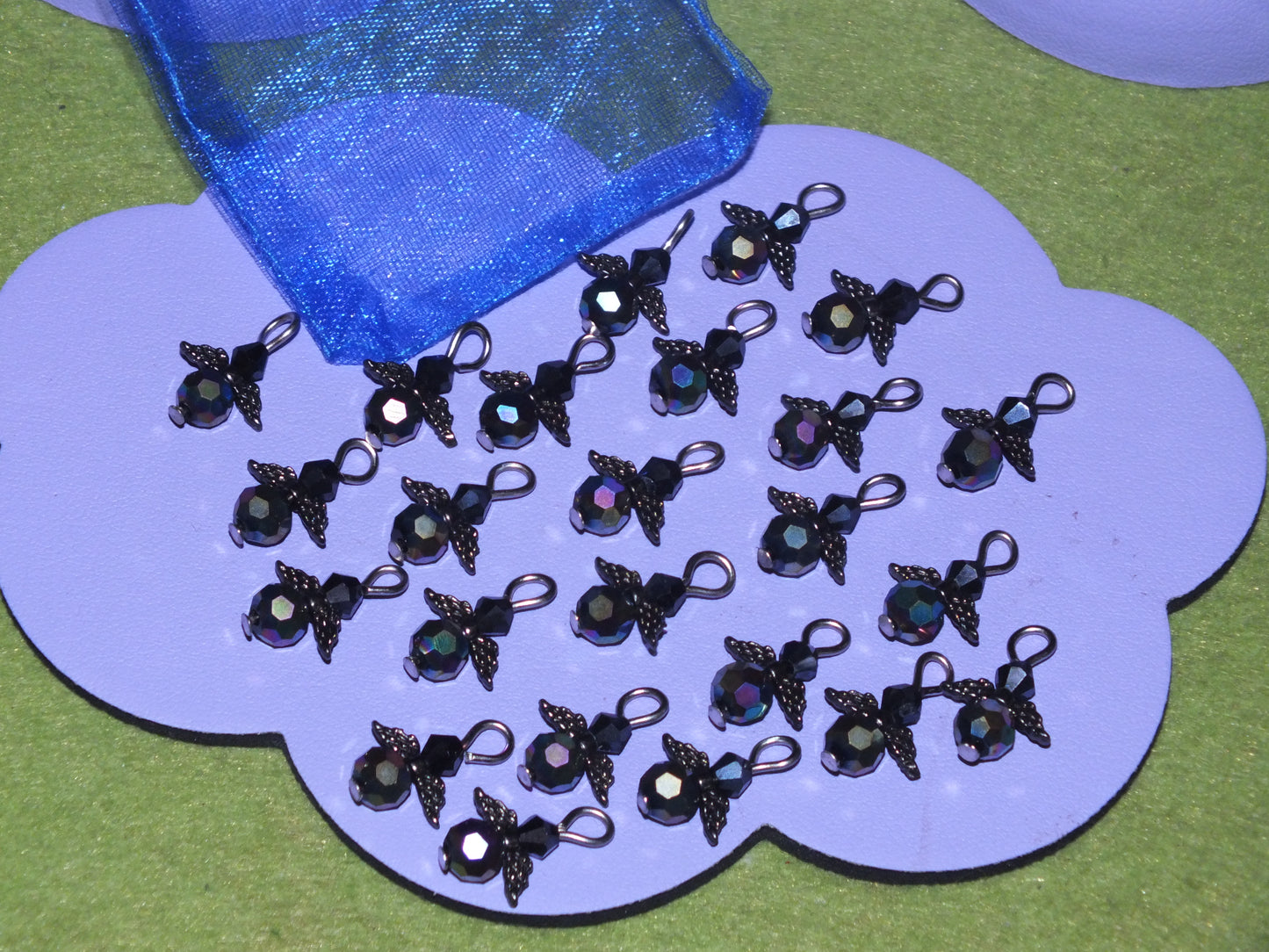 Black glass angel charms (24pcs, plain, on clasps or lanyards)