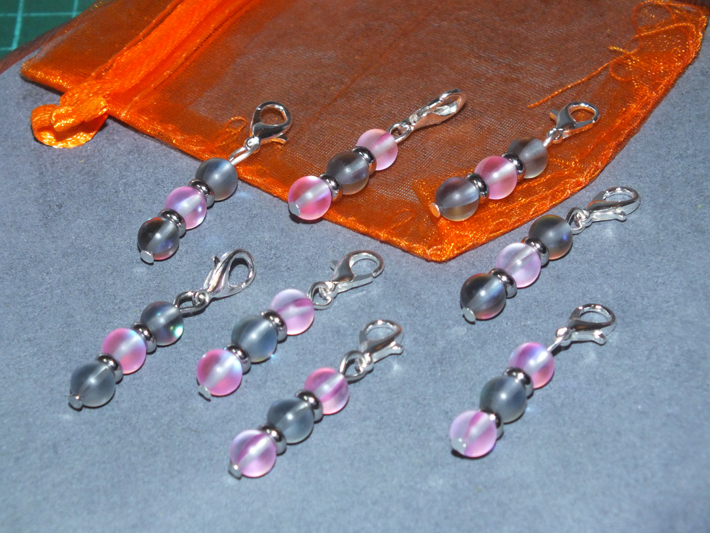 8pcs 'Dusk Rose' handmade moonstone stitch markers / dangle charms