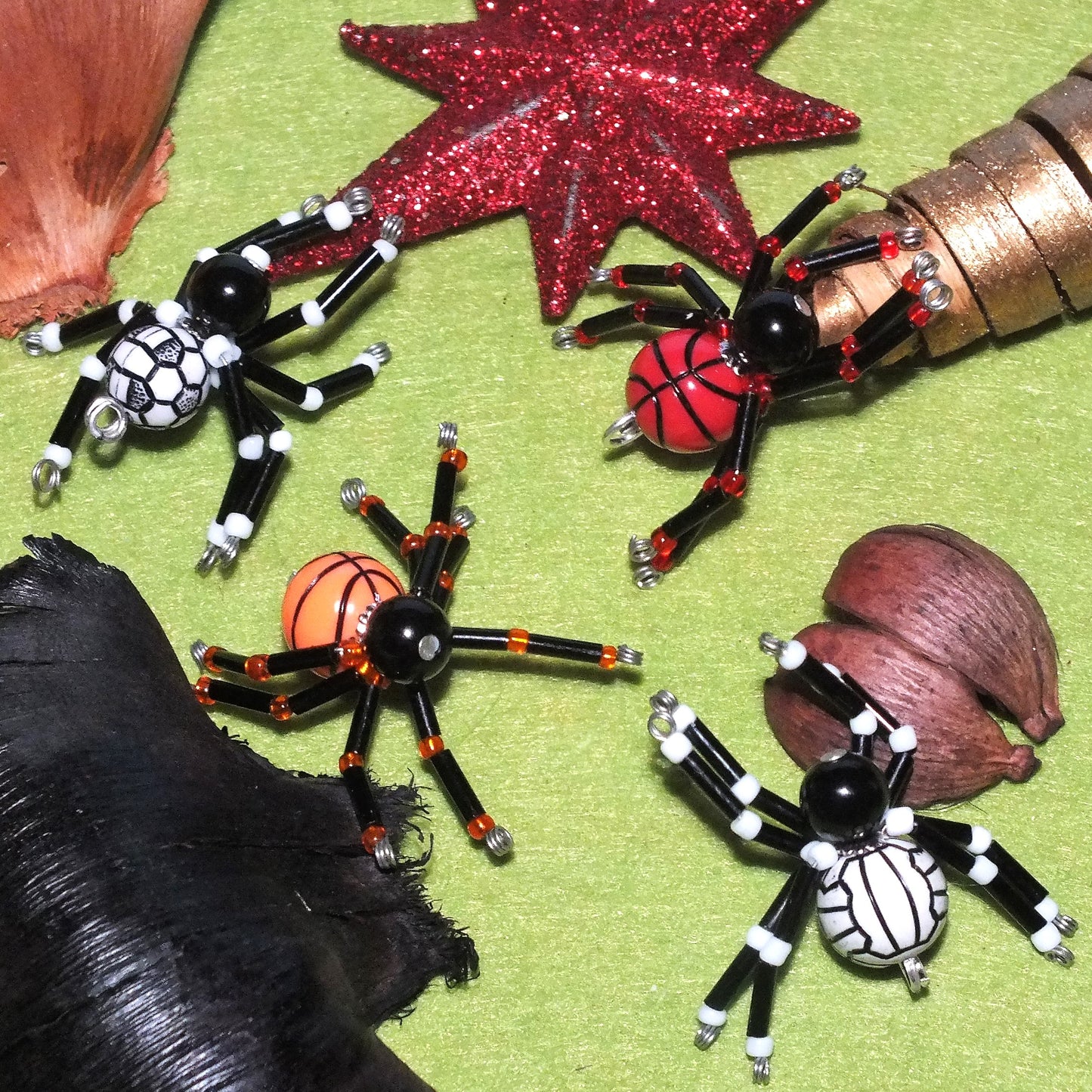 4-pack beaded spider charms - "Sporty Spider Set", handmade - plain or on lanyards