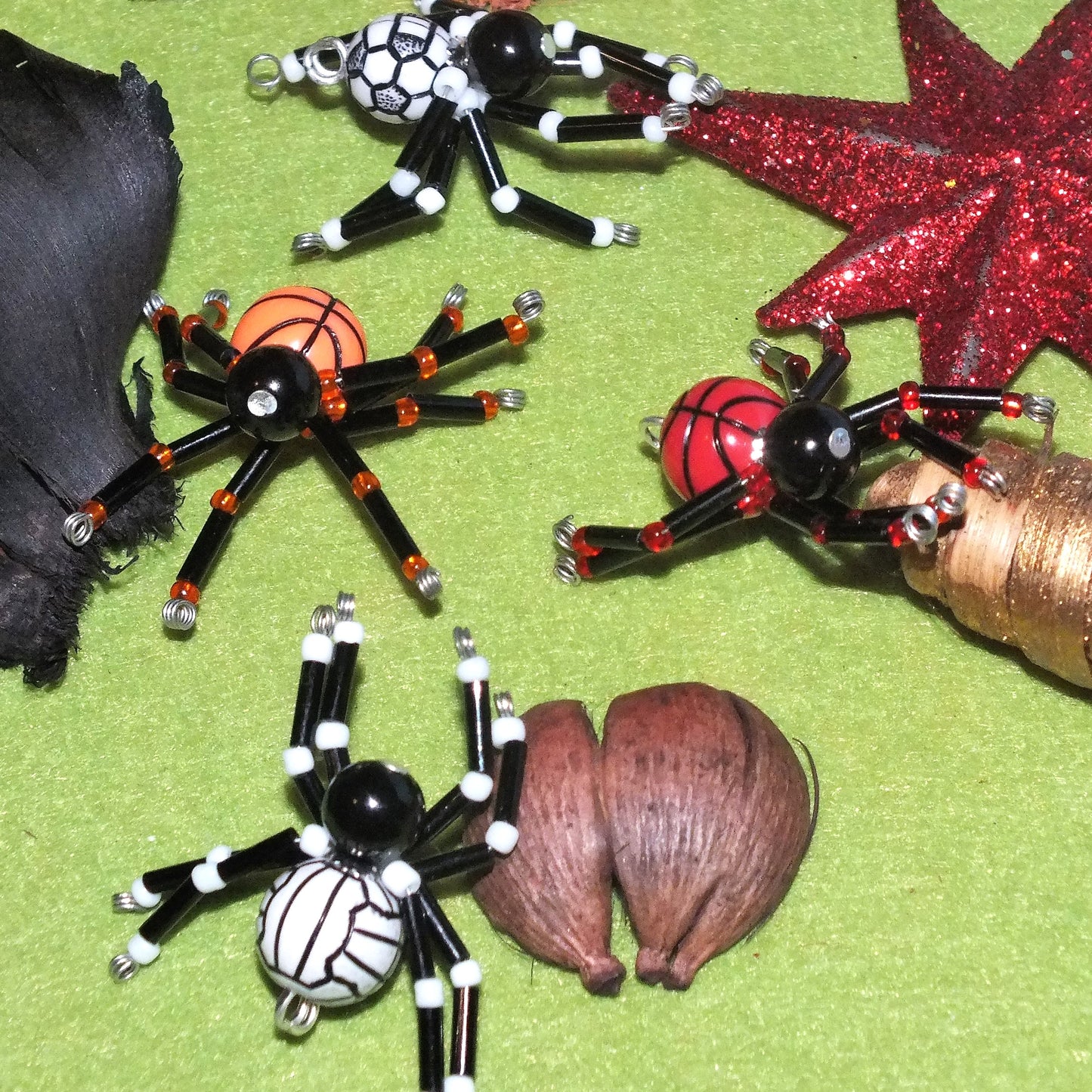 4-pack beaded spider charms - "Sporty Spider Set", handmade - plain or on lanyards