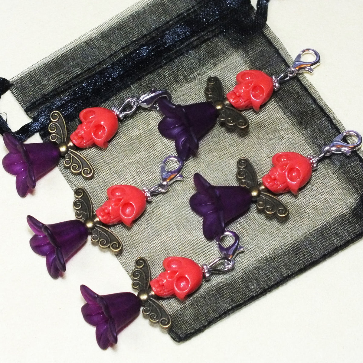 5pcs Red Skull Angel Large Dangle Charms - Handmade Halloween Pendants On Clasps