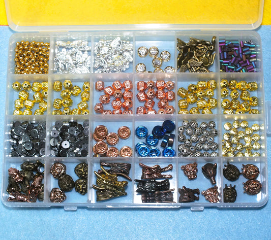Exquisite heavy metallic bead box - 525pcs wings, dragon, lion, tiger, wolf - includes hematite, European beads, spacers, columns