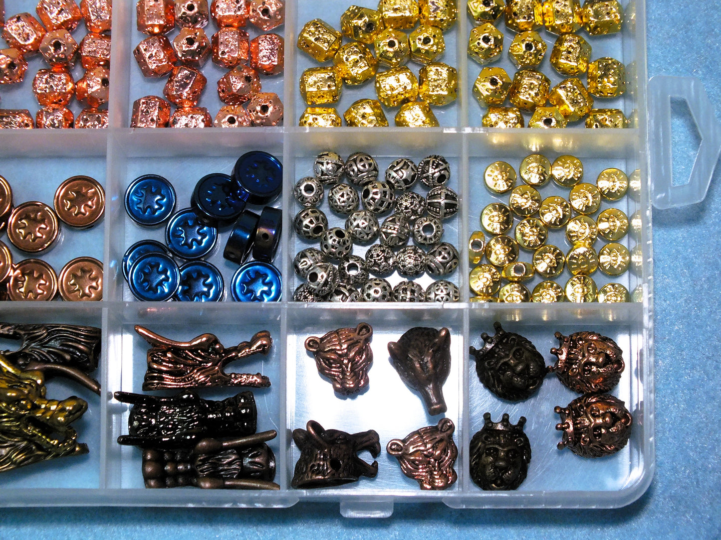 Exquisite heavy metallic bead box - 525pcs wings, dragon, lion, tiger, wolf - includes hematite, European beads, spacers, columns