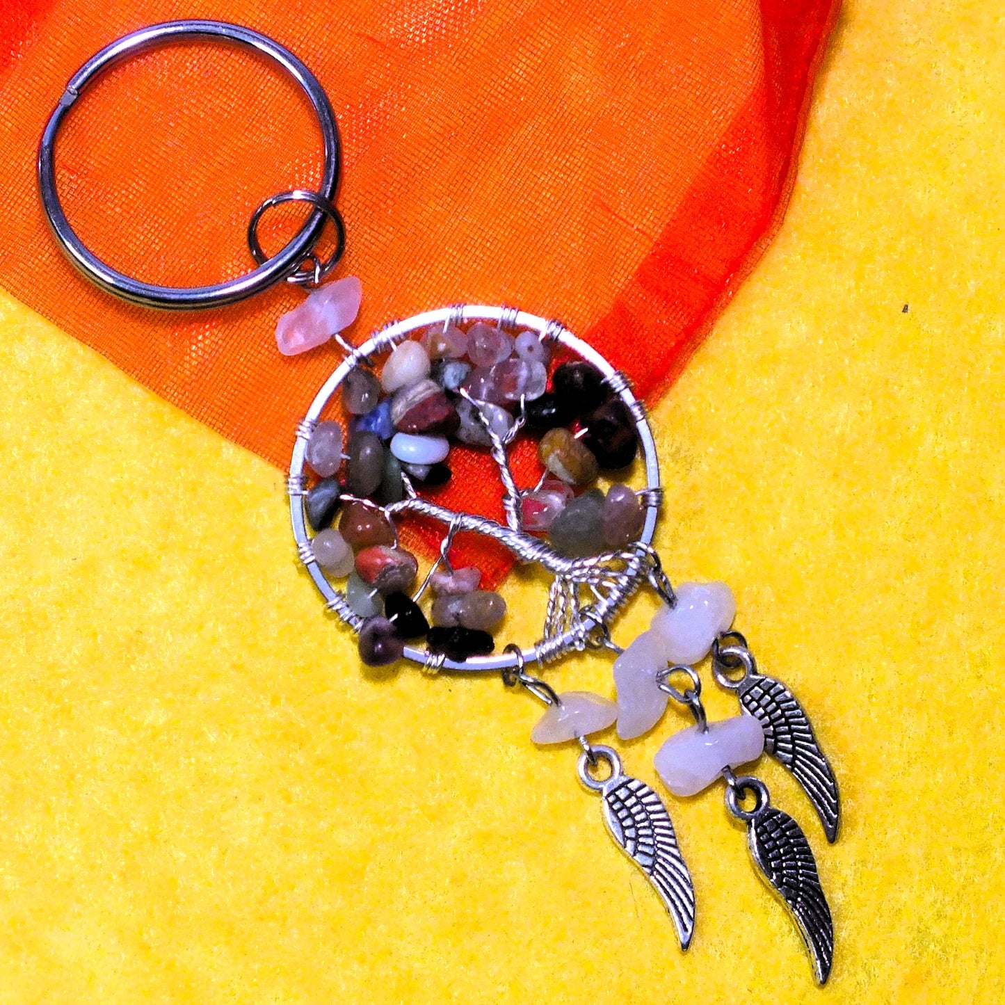 "Tree of Life" wire-twisted keyring with wing charms and mixed gemstones - "Earth"