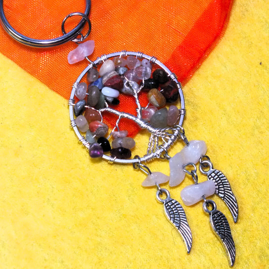 "Tree of Life" wire-twisted keyring with wing charms and mixed gemstones - "Earth"