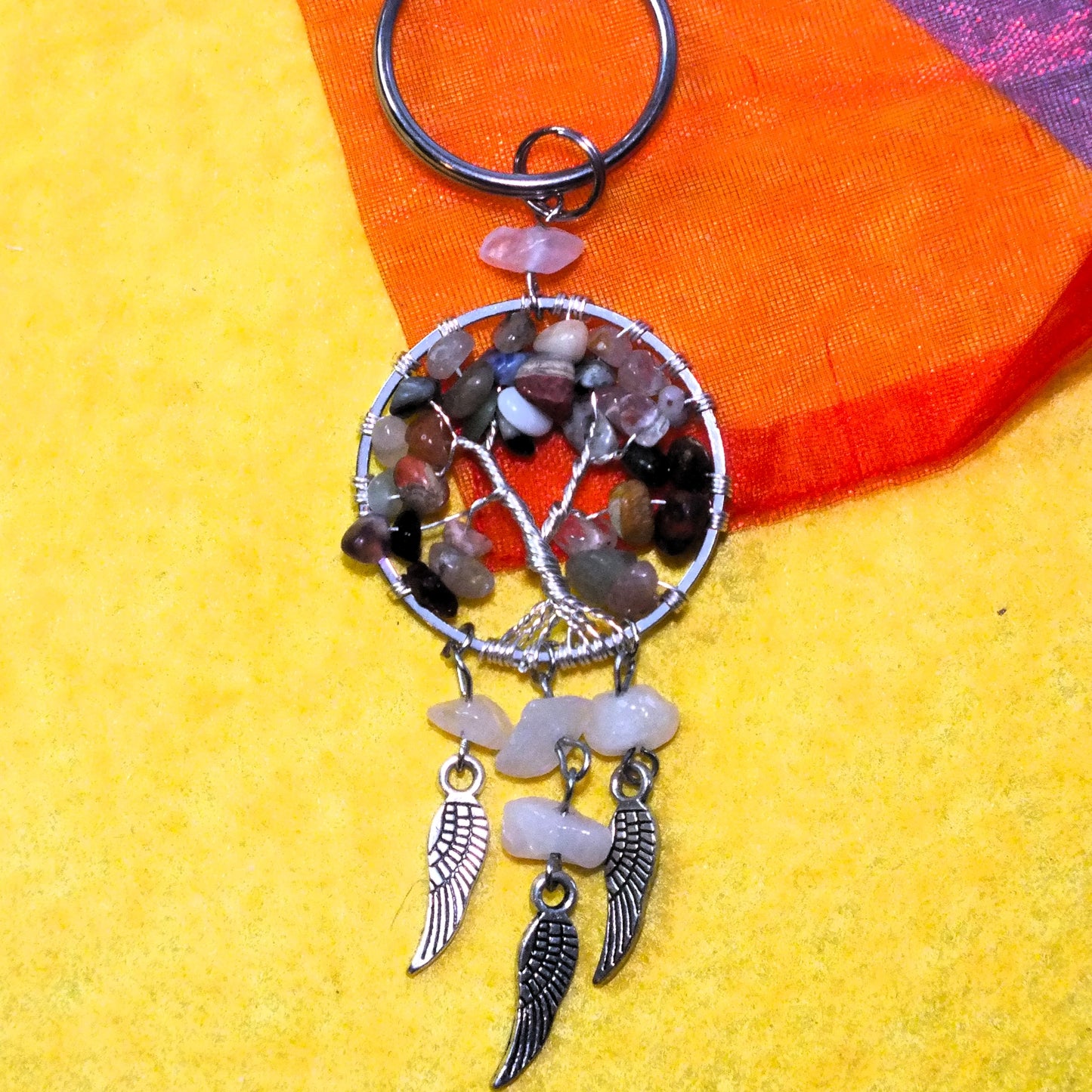 "Tree of Life" wire-twisted keyring with wing charms and mixed gemstones - "Earth"