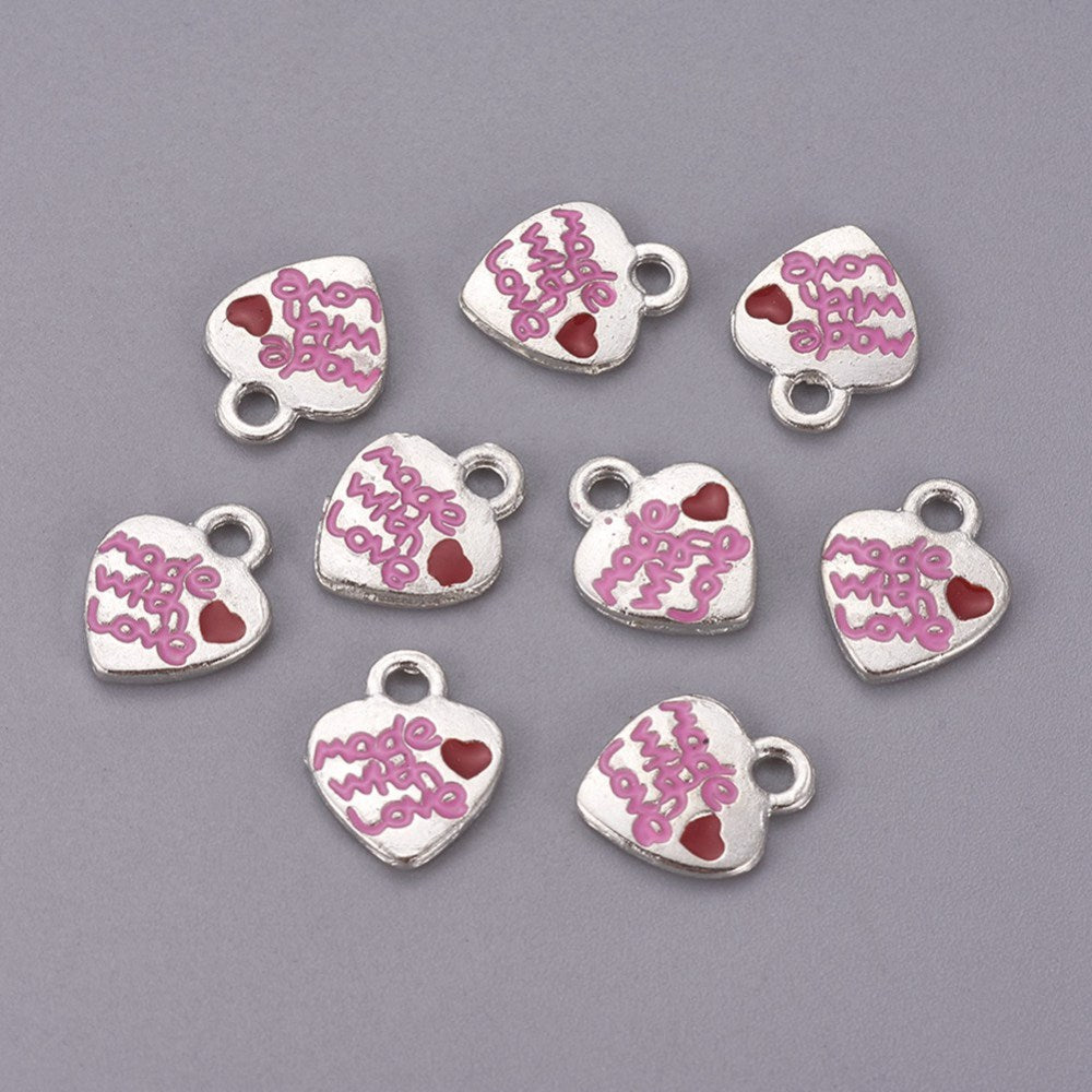 50pcs MADE WITH LOVE charms, silver hearts with red & pink enamel, 13mm x 10mm