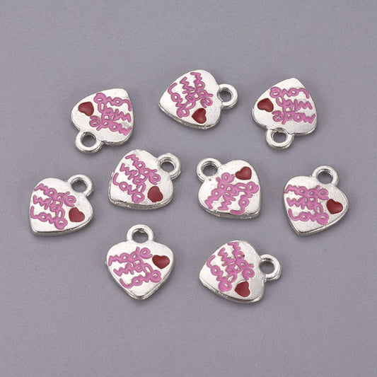 50pcs MADE WITH LOVE charms, silver hearts with red & pink enamel, 13mm x 10mm
