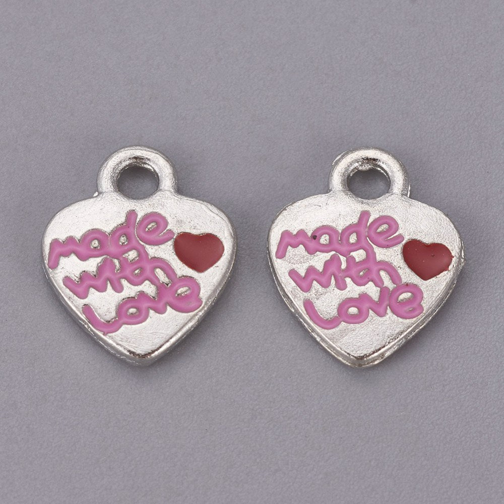 50pcs MADE WITH LOVE charms, silver hearts with red & pink enamel, 13mm x 10mm