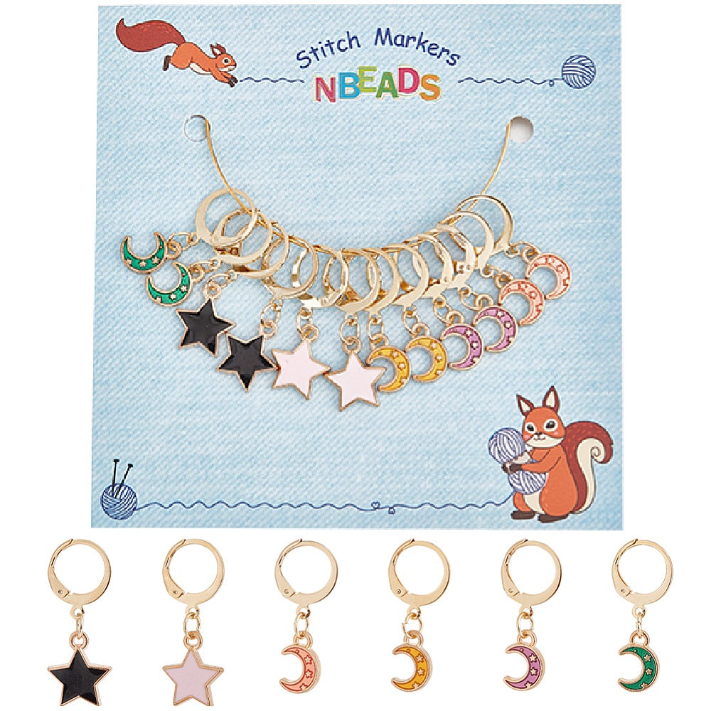 12pcs stitch markers, enamel moon & star dangle charms