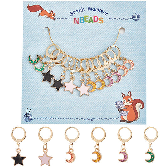 12pcs stitch markers, enamel moon & star dangle charms