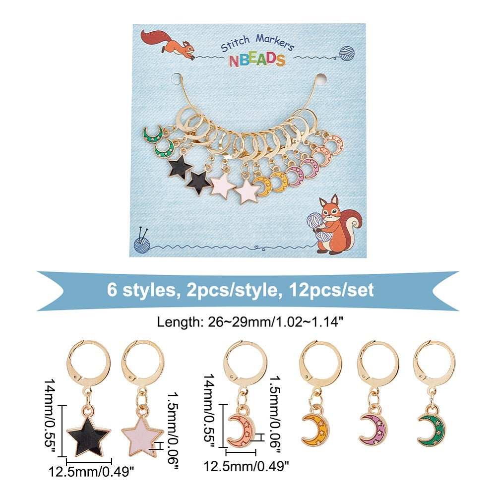 12pcs stitch markers, enamel moon & star dangle charms