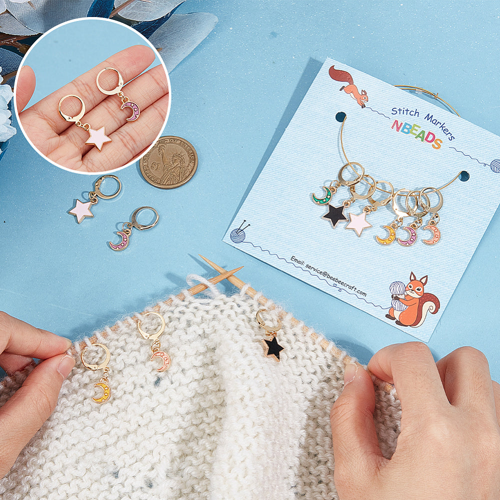 12pcs stitch markers, enamel moon & star dangle charms
