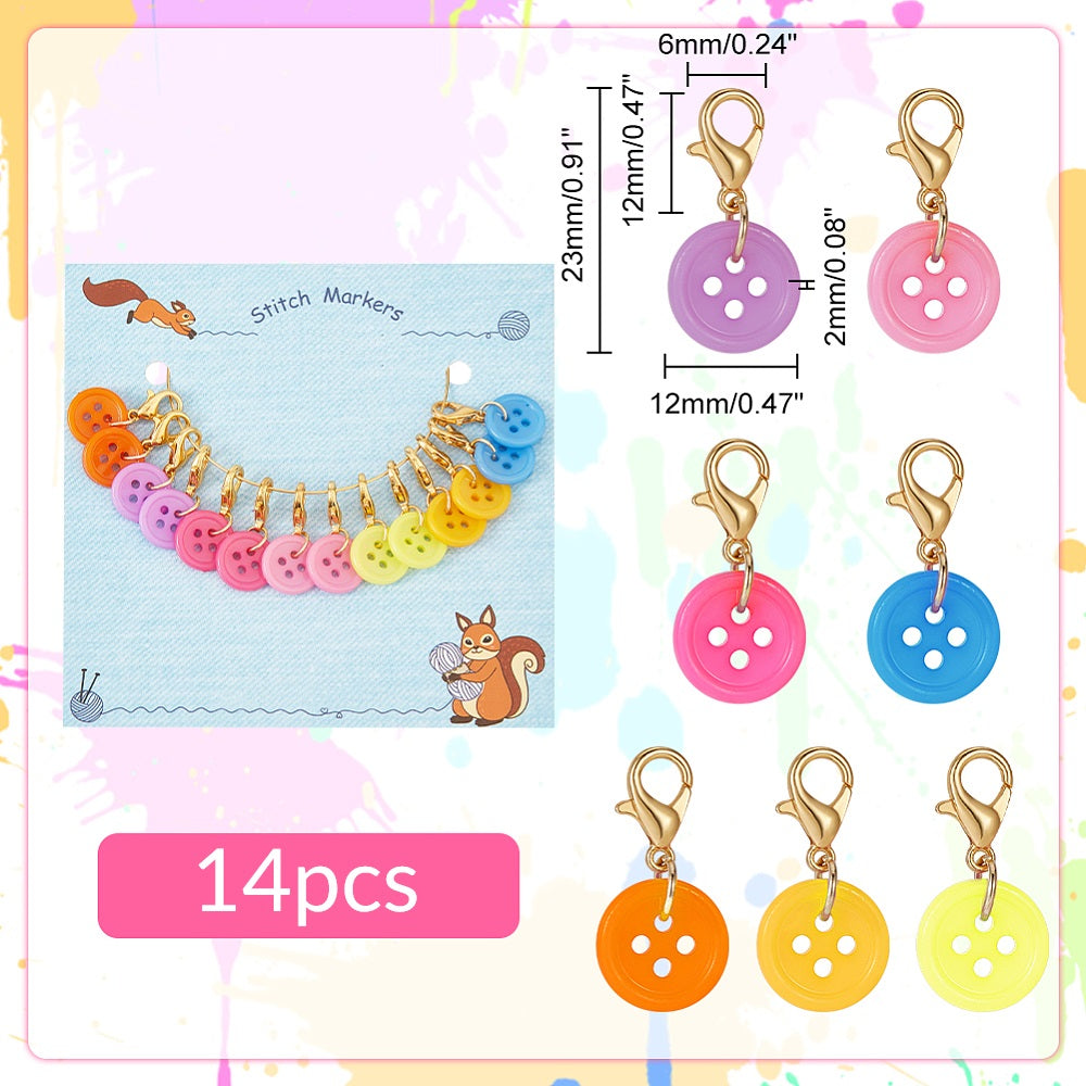 14pcs button stitch markers, mixed colour dangle charms on clasps