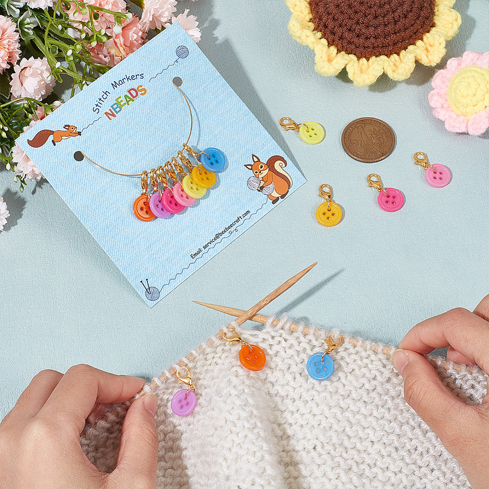 14pcs button stitch markers, mixed colour dangle charms on clasps