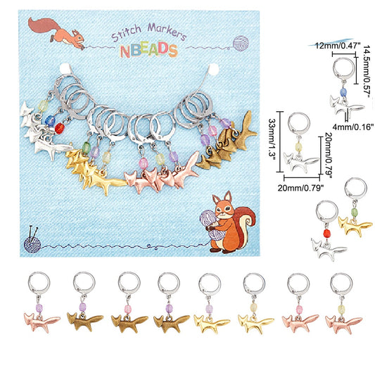 12pcs stitch markers, fox dangle charms in gold, silver, copper, bronze tones