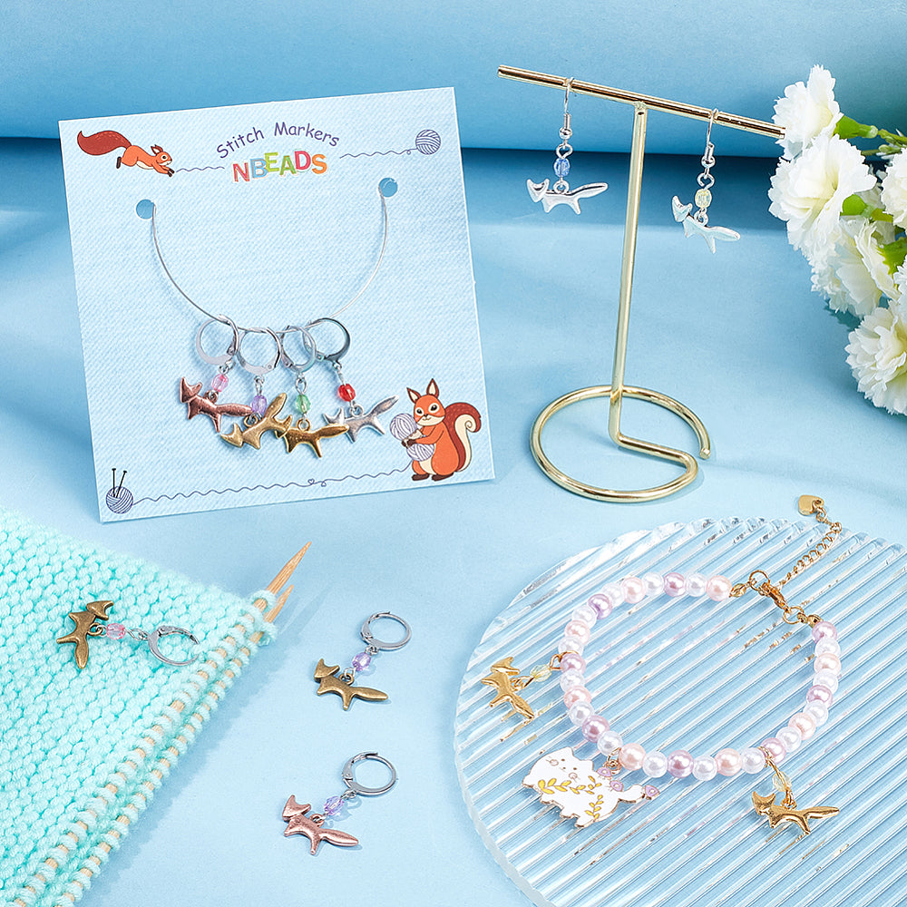 12pcs stitch markers, fox dangle charms in gold, silver, copper, bronze tones