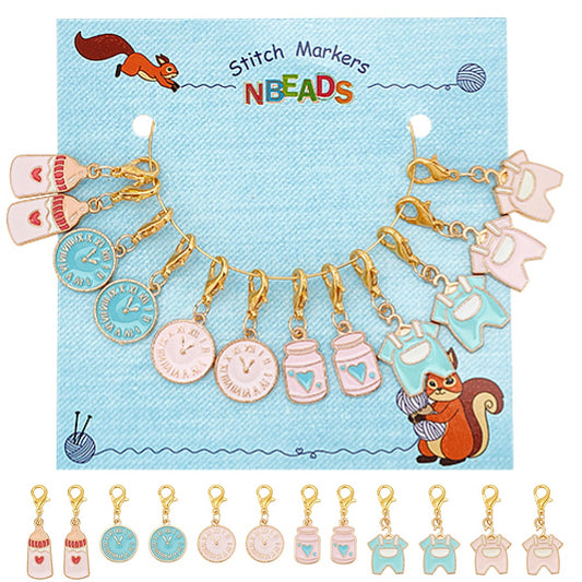 12pcs stitch markers, BABY THEMED enamel dangle charms pendants on leverback hoops