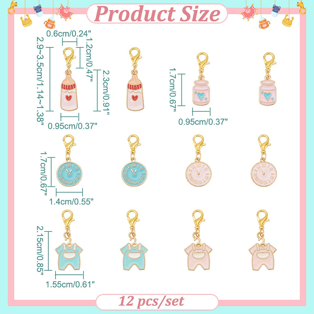 12pcs stitch markers, BABY THEMED enamel dangle charms pendants on leverback hoops