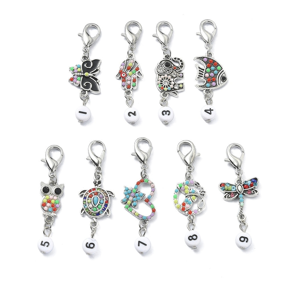9pc animal themed number 1-9 stitch markers on clasps, pretty colours
