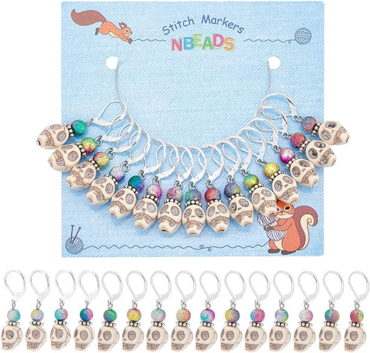 15pcs stitch markers, dangle charm SKULLS with rainbow hats!