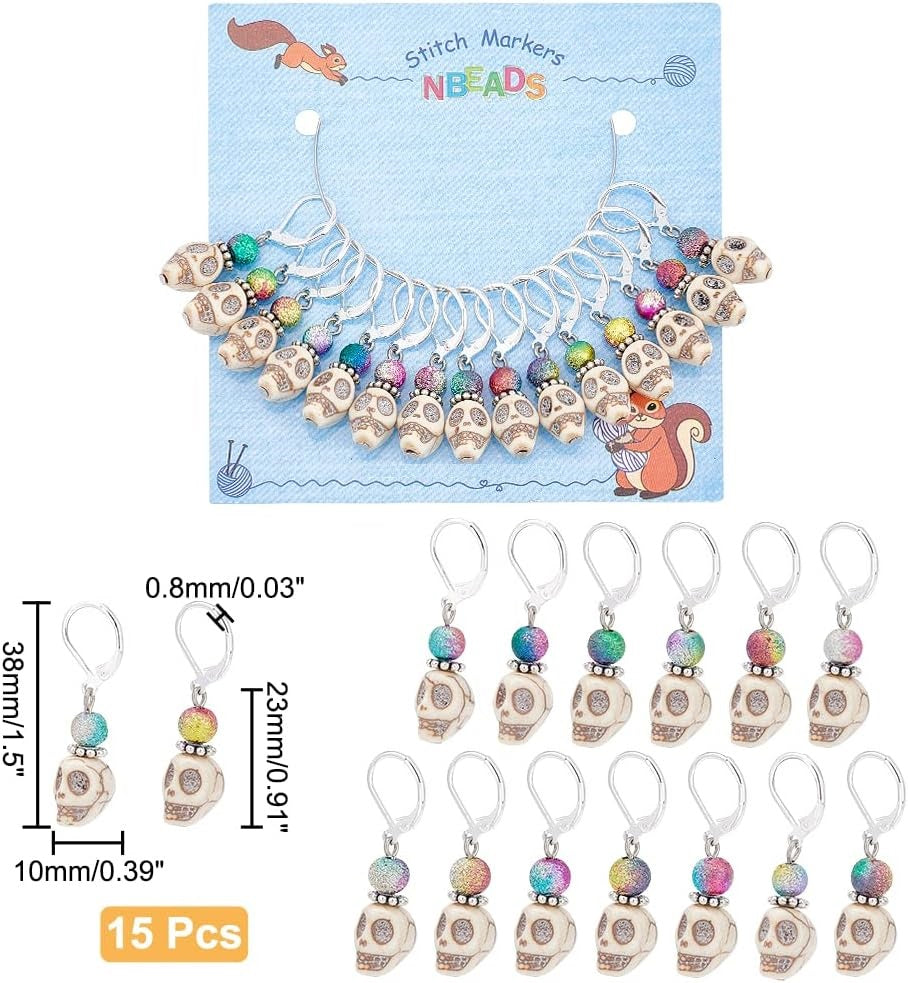 15pcs stitch markers, dangle charm SKULLS with rainbow hats!