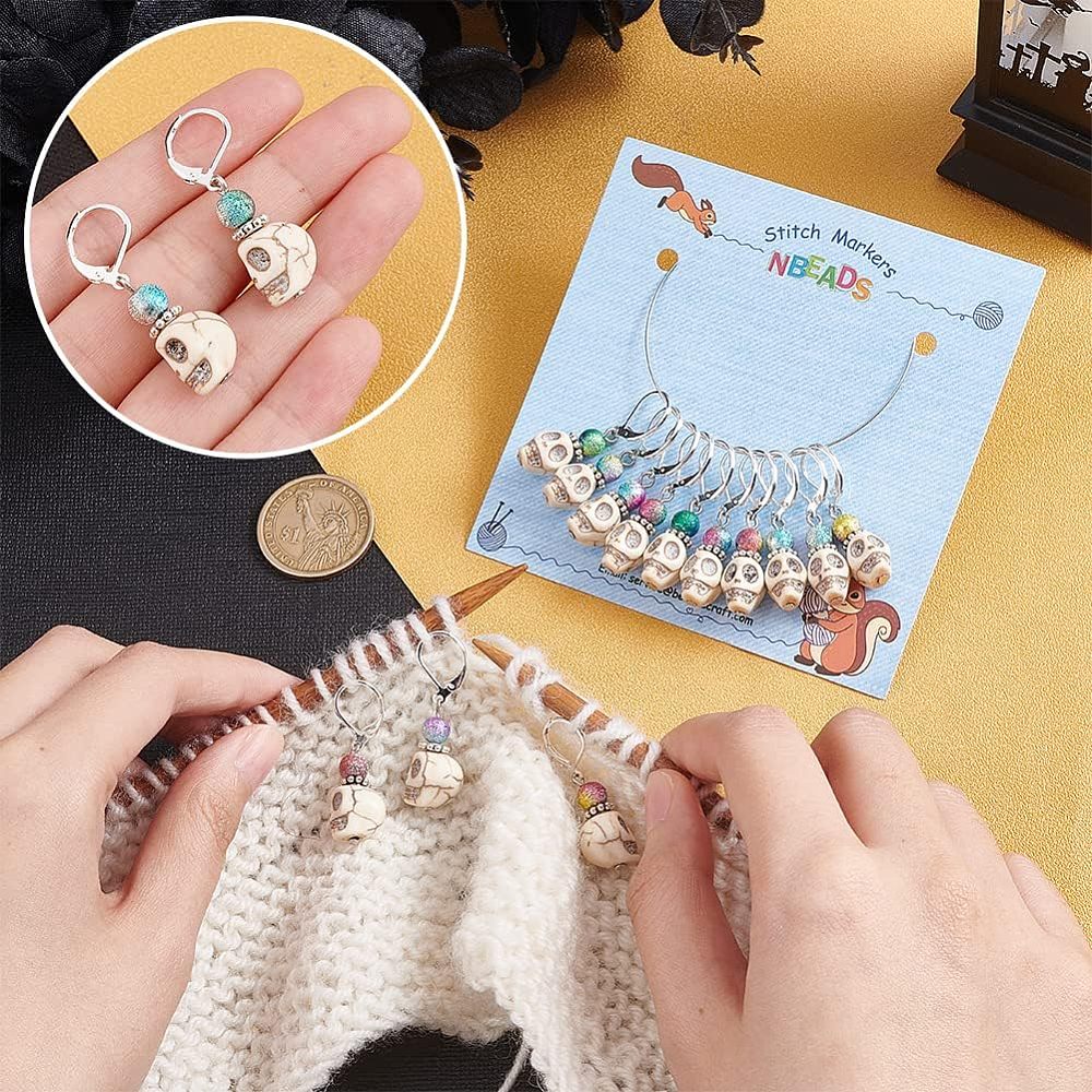 15pcs stitch markers, dangle charm SKULLS with rainbow hats!