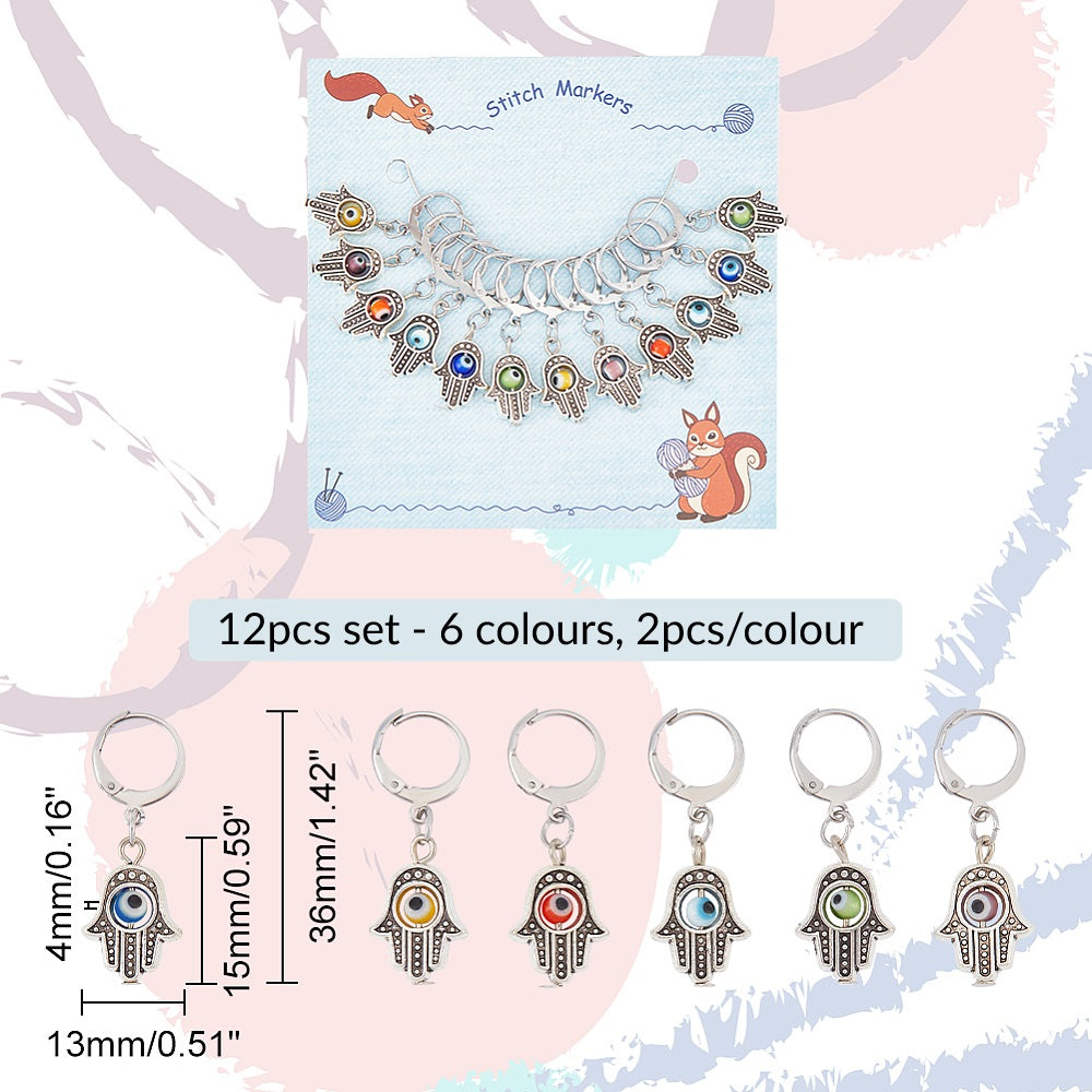 12pcs stitch markers, evil eye & hand dangle charms