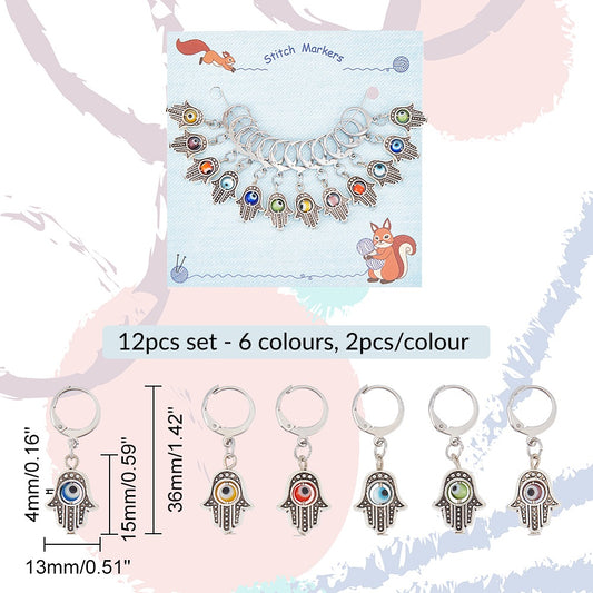 12pcs stitch markers, evil eye & hand dangle charms