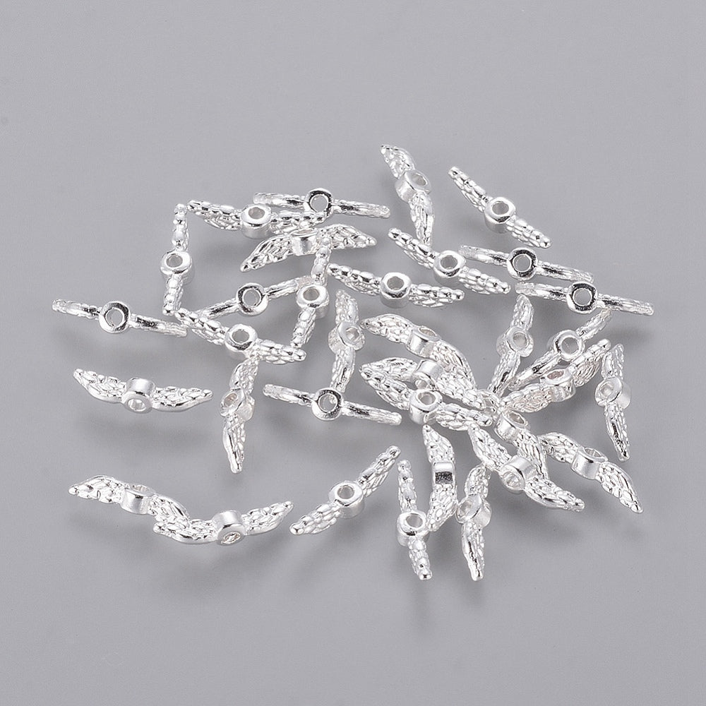100 - 1000pcs angel / fairy wing spacer beads, 12mm x 3mm - bright silver tone metal