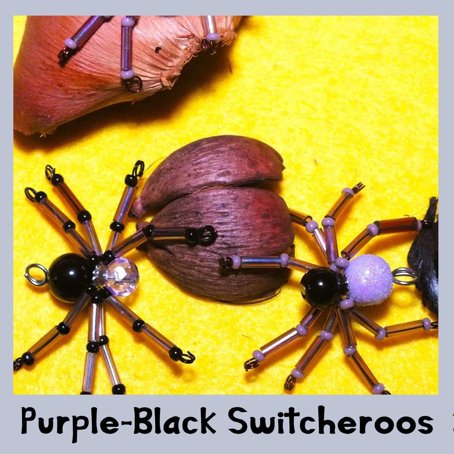 4-pack beaded spider charms - "Purple-black Switcheroos", handmade - plain or on lanyards