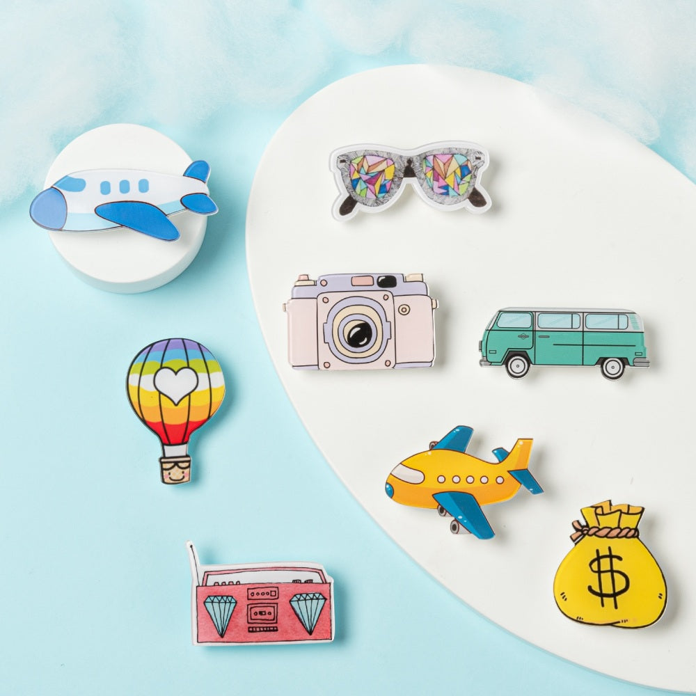 8 retro style BROOCH badge lapel pins - transport, tech, lifestyle theme
