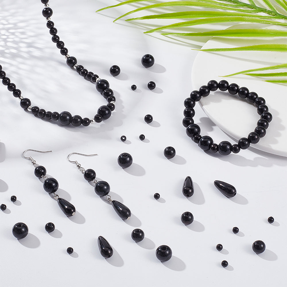 700pcs black imitation pearl beads box, 4-17mm acrylic, round & teardrops