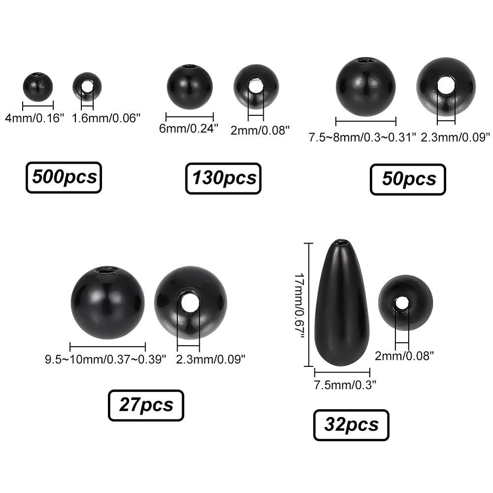 700pcs black imitation pearl beads box, 4-17mm acrylic, round & teardrops