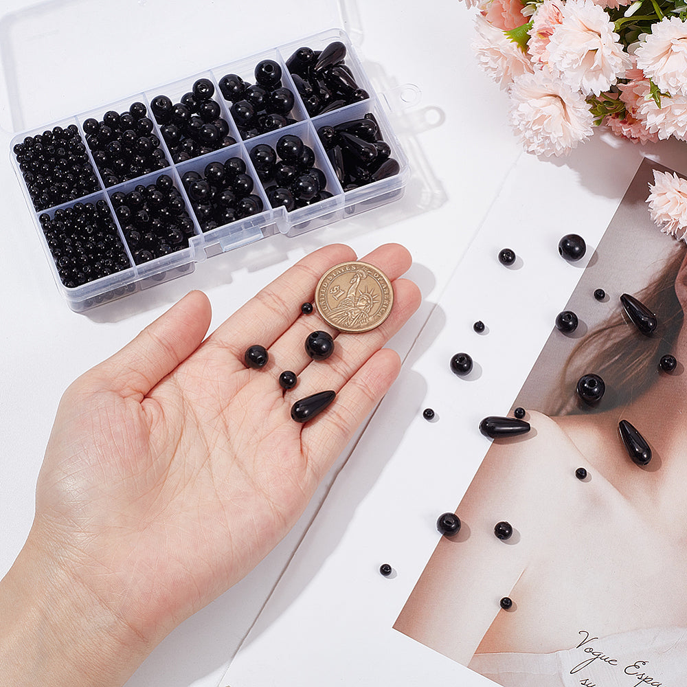 700pcs black imitation pearl beads box, 4-17mm acrylic, round & teardrops
